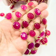 Pink Chalcedony Shape Bezel Gold Plated Wire Chain.